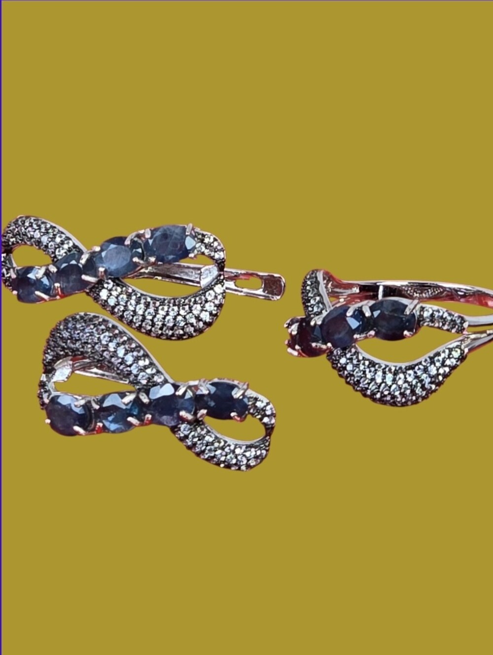925 Sterling Silver Earrings & Ring Set With Natural Blue Sapphire